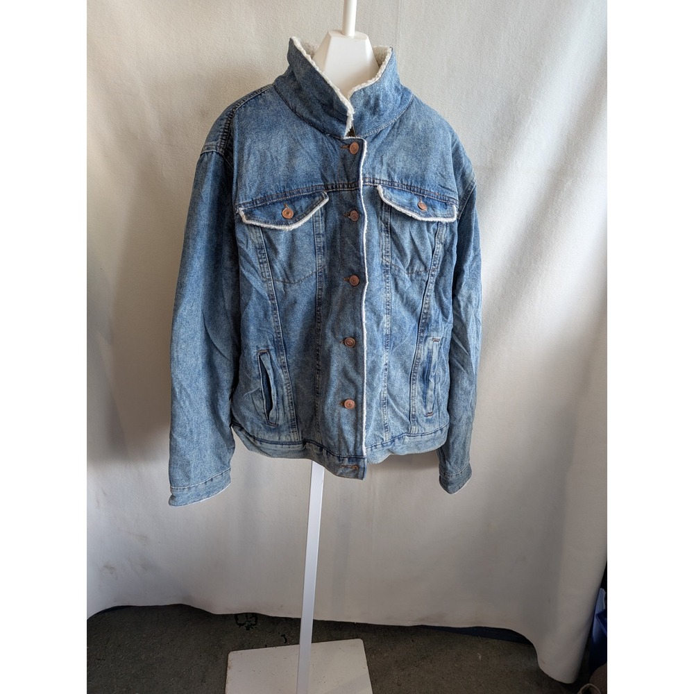Time and Tru Womens XL Blue Denim Faux Shearling Lined Trucker Jacket Light Wash